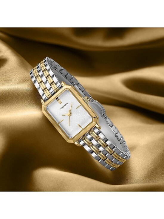 Women\'s Silver Gold White Two Tone Rectangular Stainless Steel Bracelet Watch